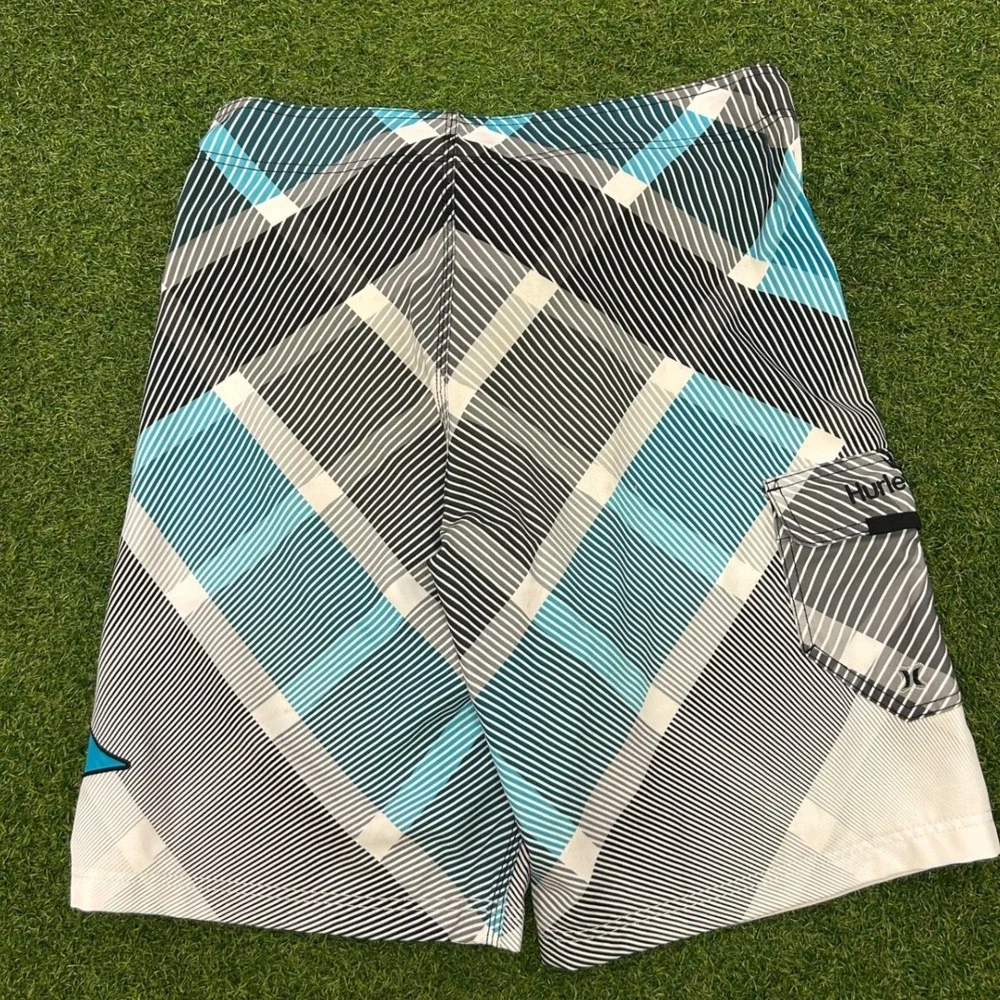 Hurley Mens Blue Black Geometric Plaid Board Shorts Swim Trunks Size L 34 Waist